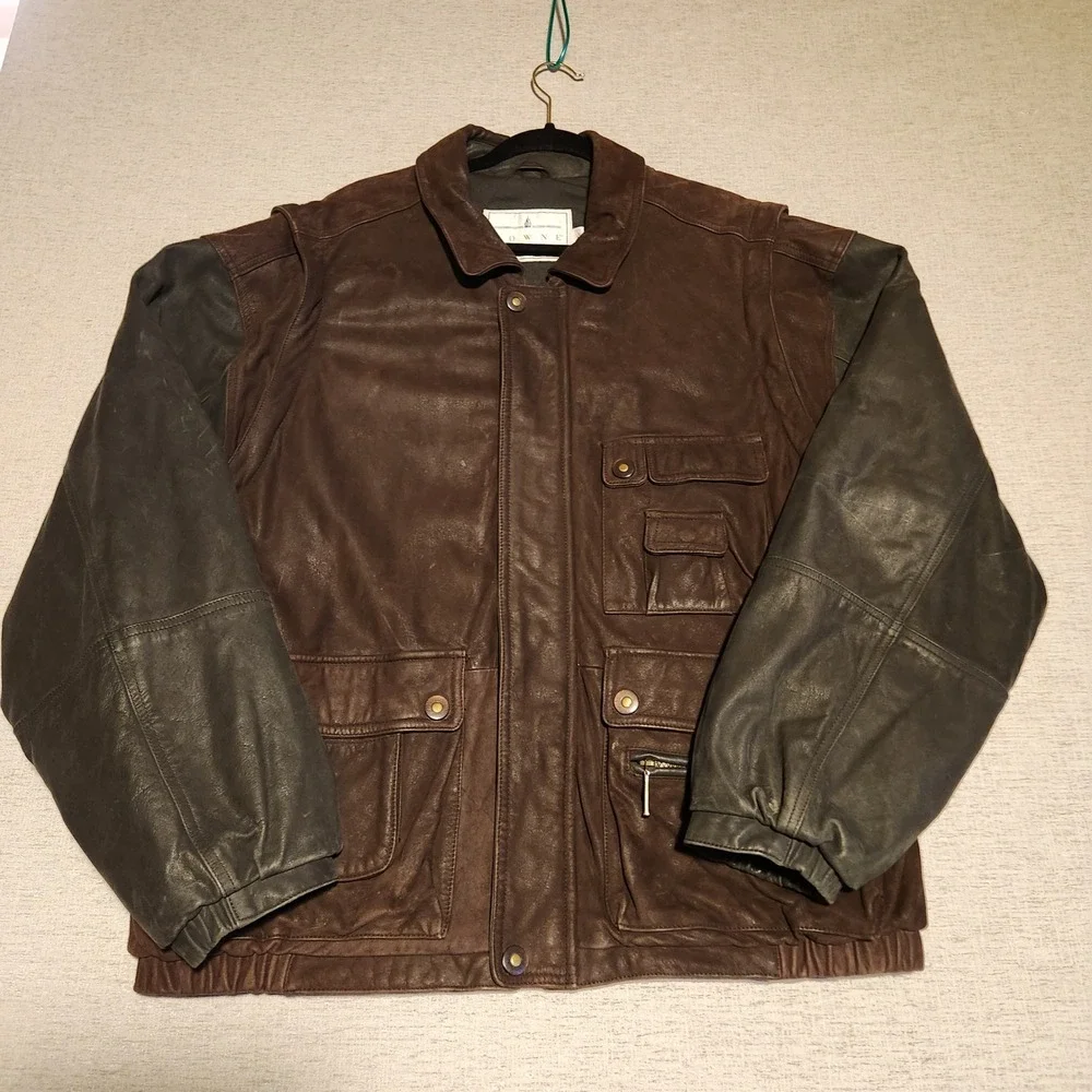 Towne London Fog Leather Bomber Jacket Mens L Brown Grey Two Tone Field Coat